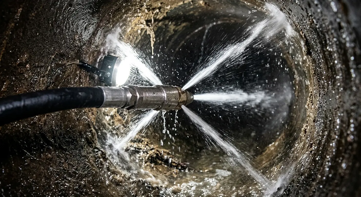High-pressure hydro jetting nozzle cleaning sewer pipe for Emergency Drain Service in Jonesborough
