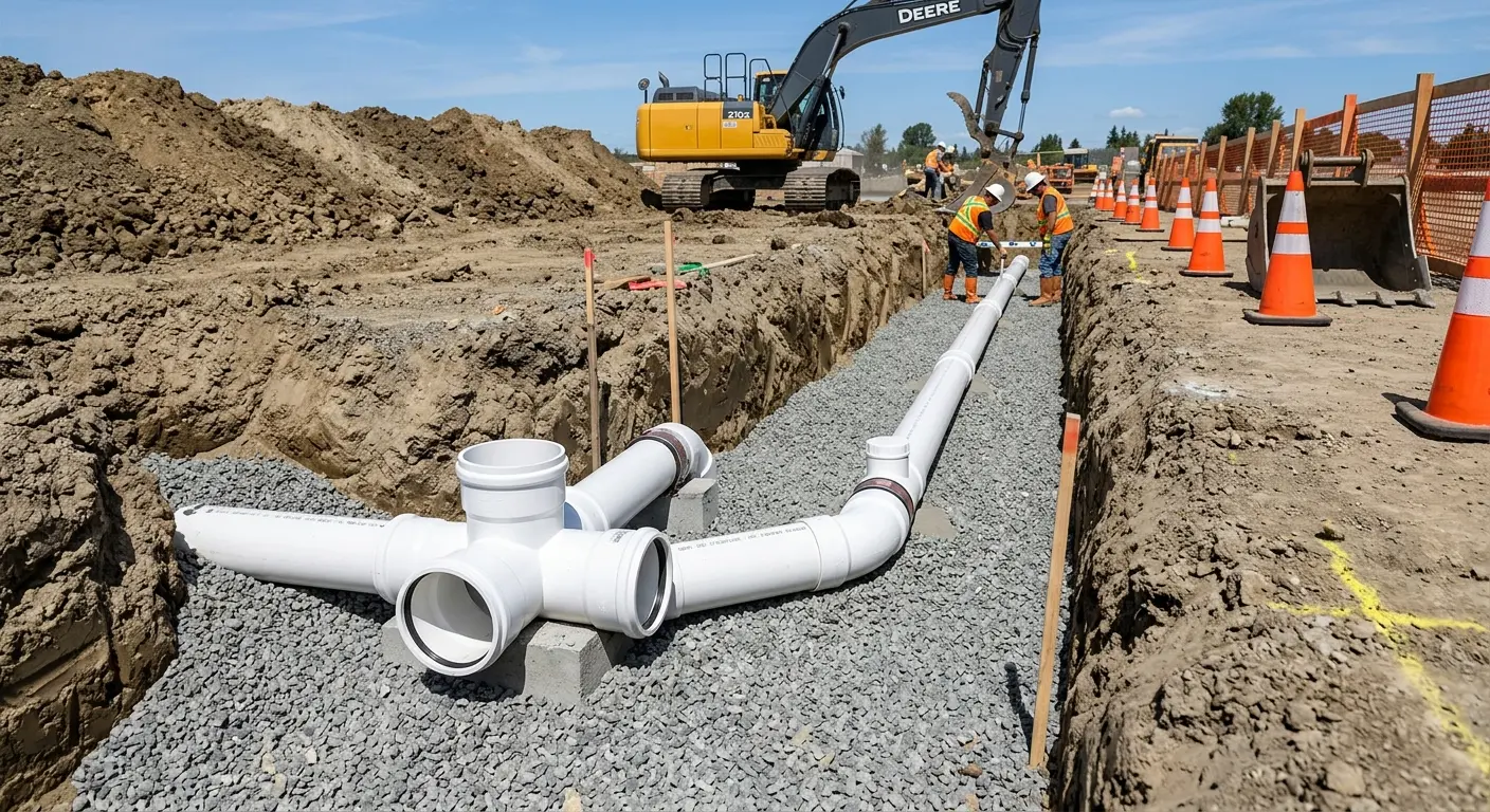 New PVC sewer pipe installation in open trench for Grease Trap Cleaning in Jonesborough