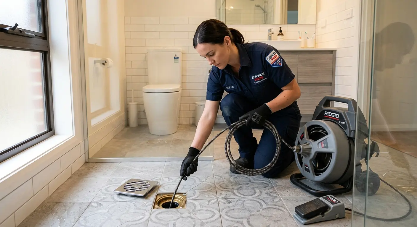 Technician clearing a bathroom floor drain for Drain Cleaning in Jonesborough